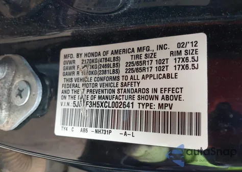 2012 Honda Crosstour 2.4 Ex-L z USA, uszkodzony, nr VIN 5J6TF3H5XCL002641